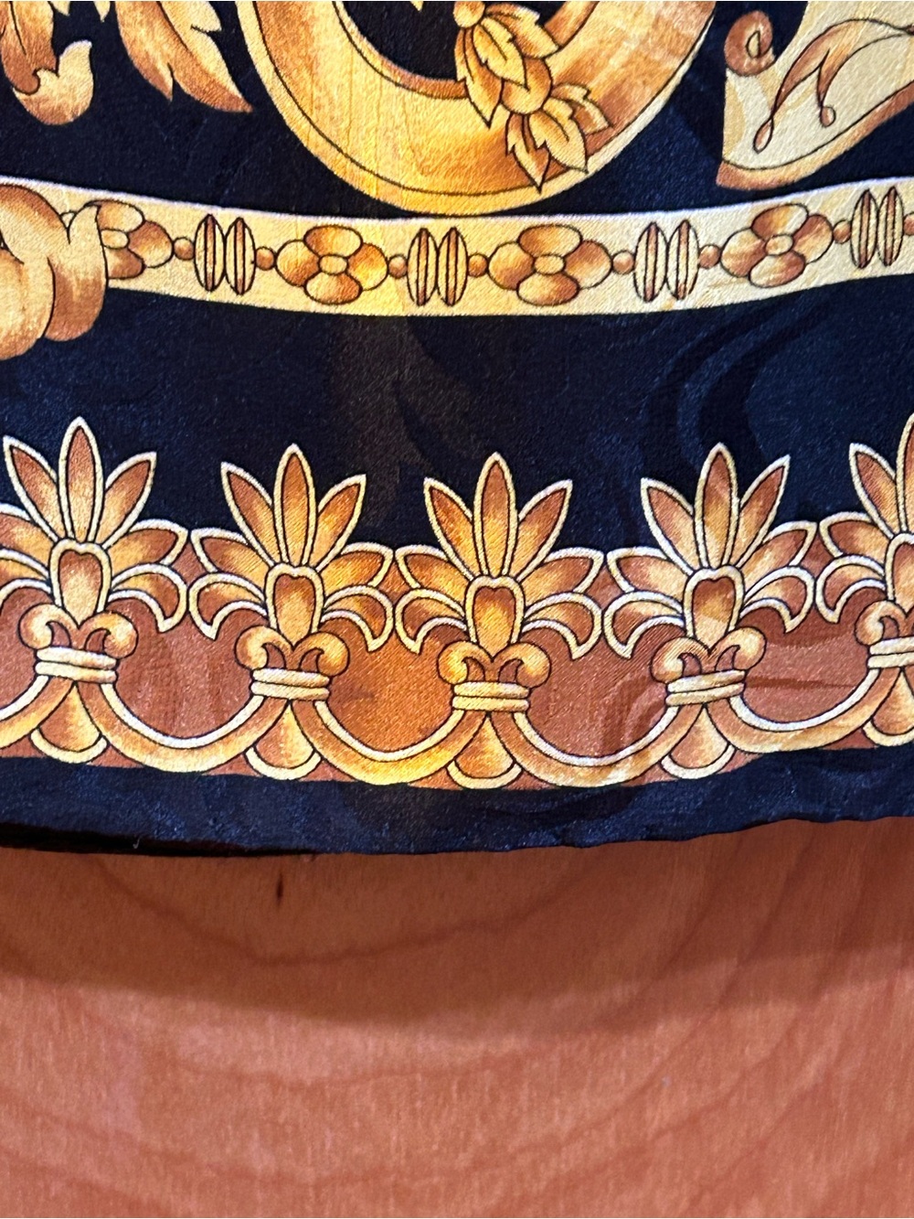 Vintage Italian Silk Scarf Black Gold Baroque Scroll Print Square 33x33 - Picture 8 of 9